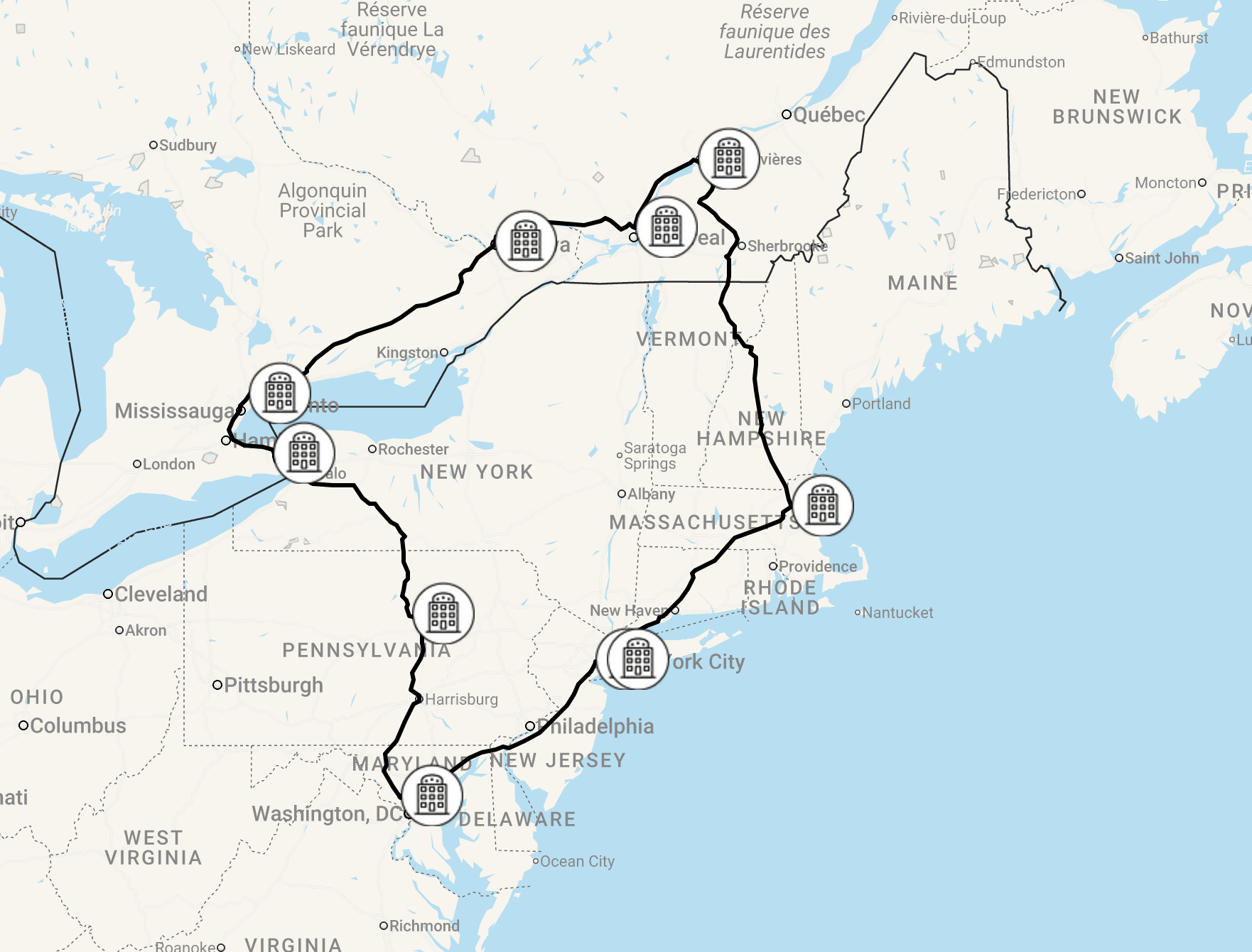 Karte 13 Tage Gruppenreise Ostküste Kanada - USA Kombination