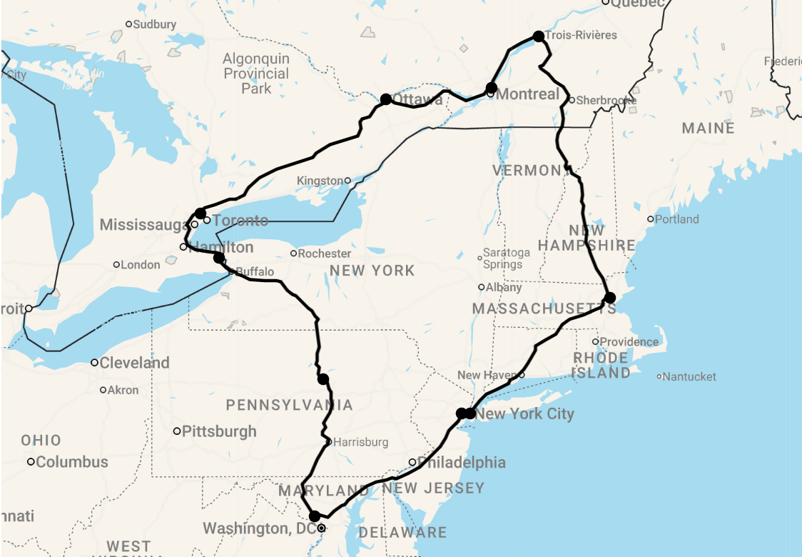 Karte 13 Tage Gruppenreise Ostküste Kanada - USA Kombination