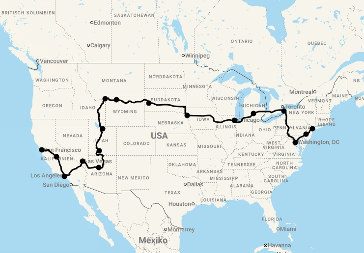Karte 21 Tage Gruppenreise Quer durch die USA