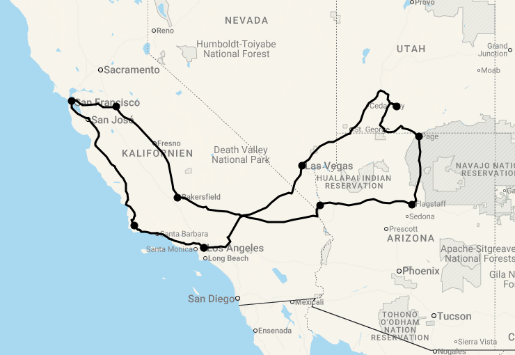 Karte 13 Tage Gruppenreise Westen USA - Forever West