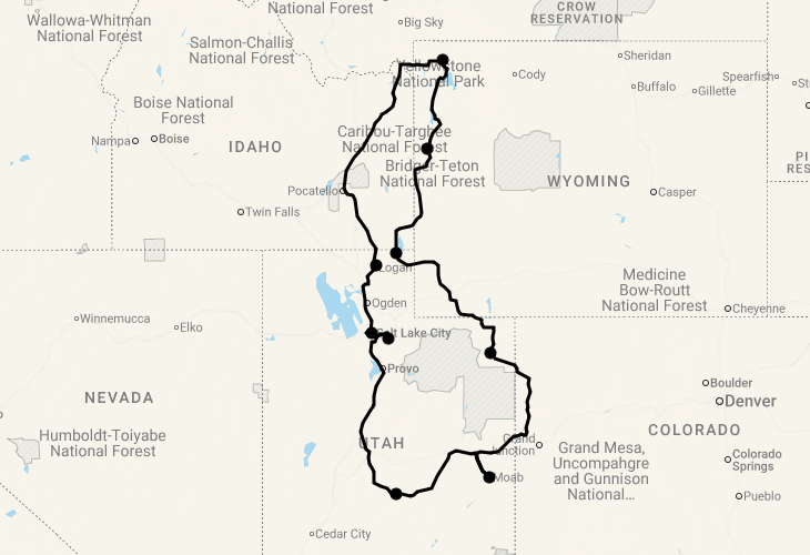 Karte 17 Tage Unentdecktes Utah & Yellowstone