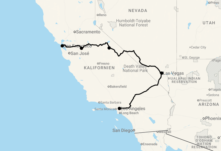 Karte 7 Tage Gruppenreise California Dreaming
