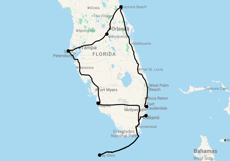 Karte Motorradreise: 15 Tage Best of Florida