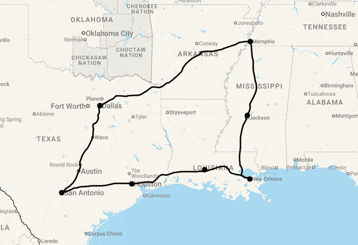 Karte 11 Tage Gruppenreise Texas & Südstaaten