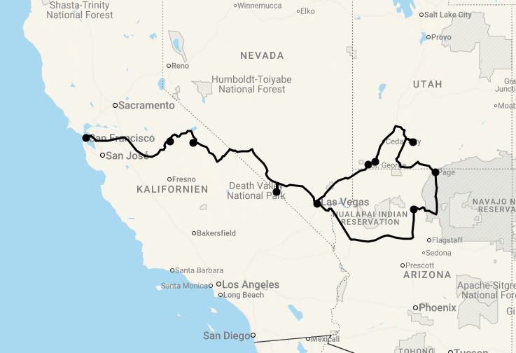 Karte 14 Tage Kleingruppenreise: Wandern in den Nationalparks des Westens