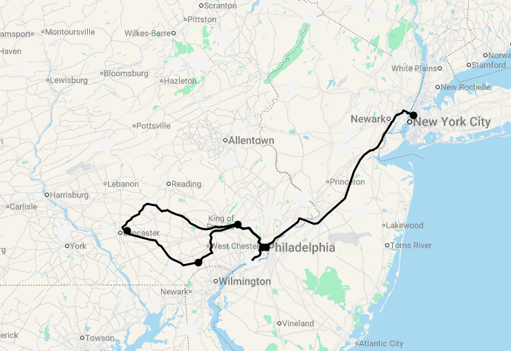 Karte 9 Tage New York, Philadelphia & die Countryside