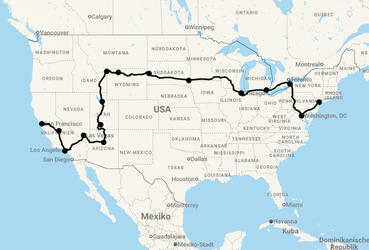 Karte 20 Tage Gruppenreise: Great American Crossing - Die große Amerika-Reise