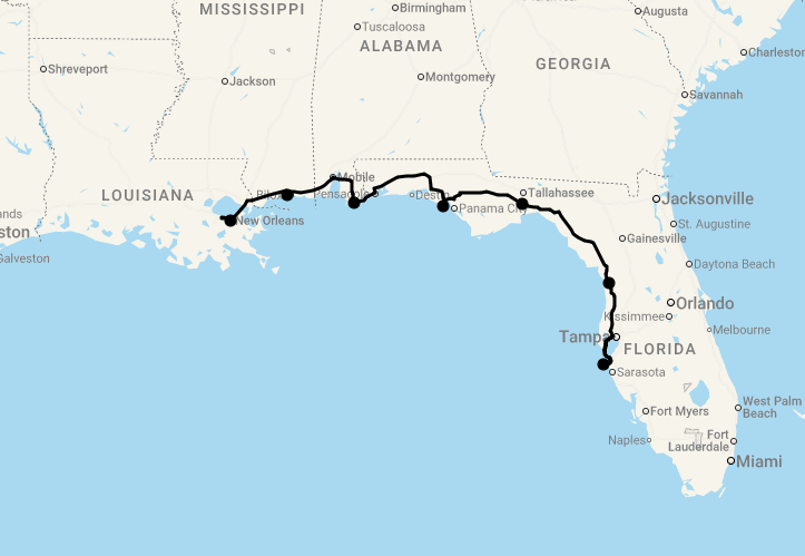 Karte 15 Tage Südstaaten & Florida Panhandle - Golfküste von New Orleans bis Tampa