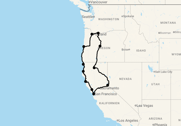Karte 18 Tage Vulkane, Redwoods & Pazifikküste -  Kalifornien & Oregon