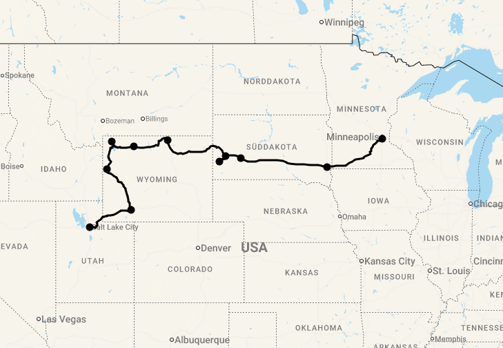 Karte 15 Tage Wyoming & South Dakota Entdecken - von den Badlands bis zu den Rocky Mountains