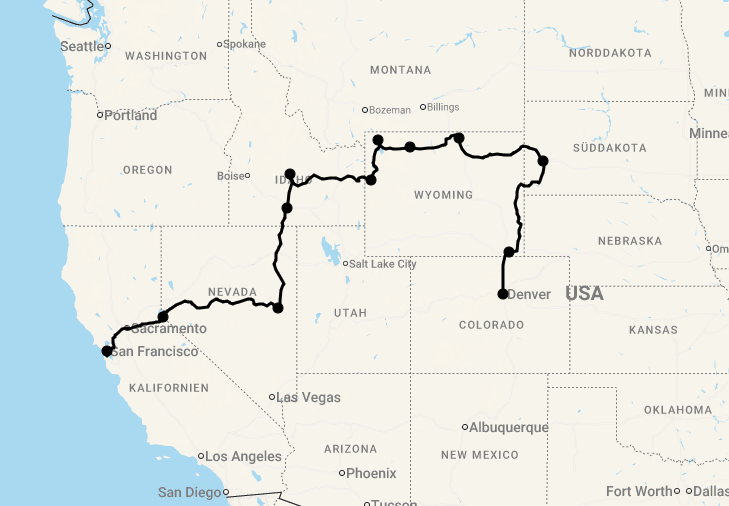 Karte 20 Tage Go West USA - Von den Rockies bis zum Pazifik