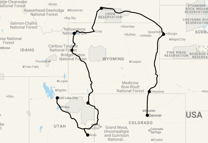 Karte 14 Tage Geführte Motorradrundreise - Utah, Yellowstone & Deadwood
