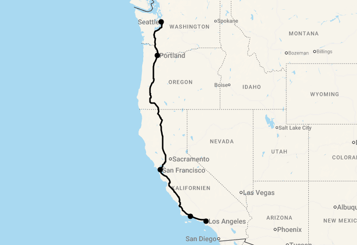 Karte 12 Tage Zugreise: Die Westküste entlang - Los Angeles bis Seattle