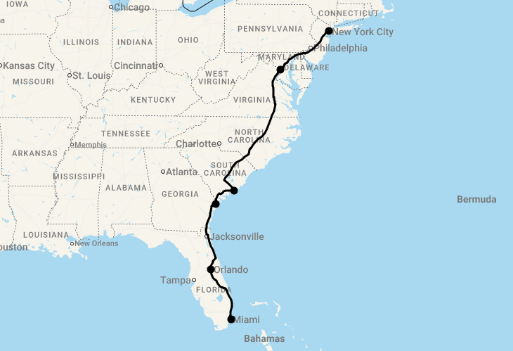 Karte 15 Tage Zugreise entlang der Ostküste der USA - von New York bis Miami