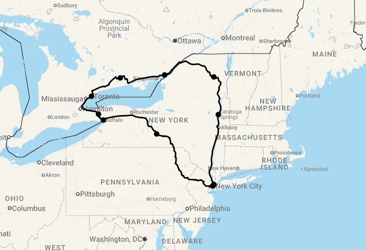 Karte 16 Tage New York State, Ostkanada und die Niagarafälle