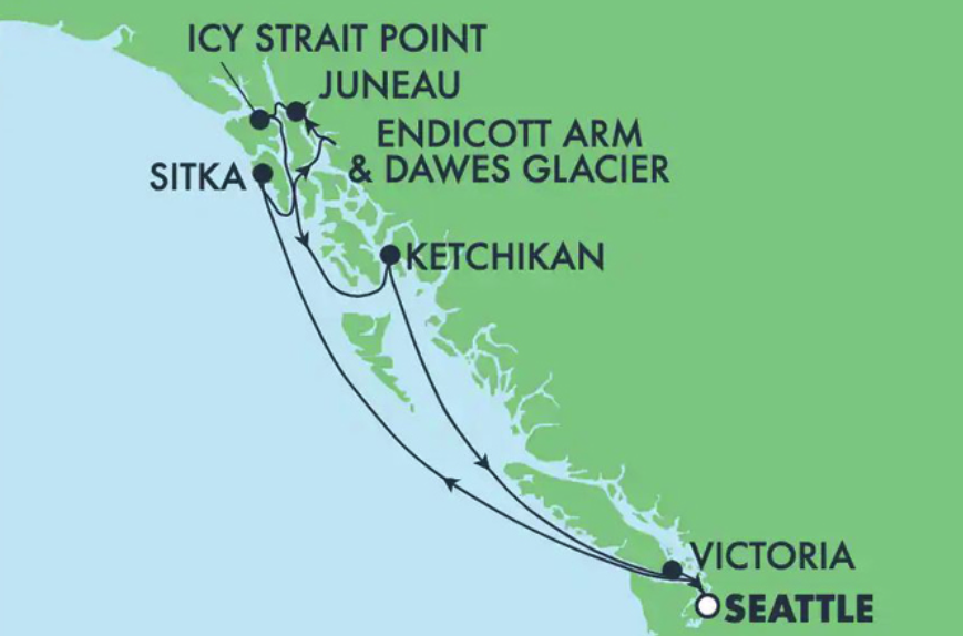 Karte 8 Tage Inside Passage Alaska mit Dawes-Gletscher, Juneau und Ketchikan