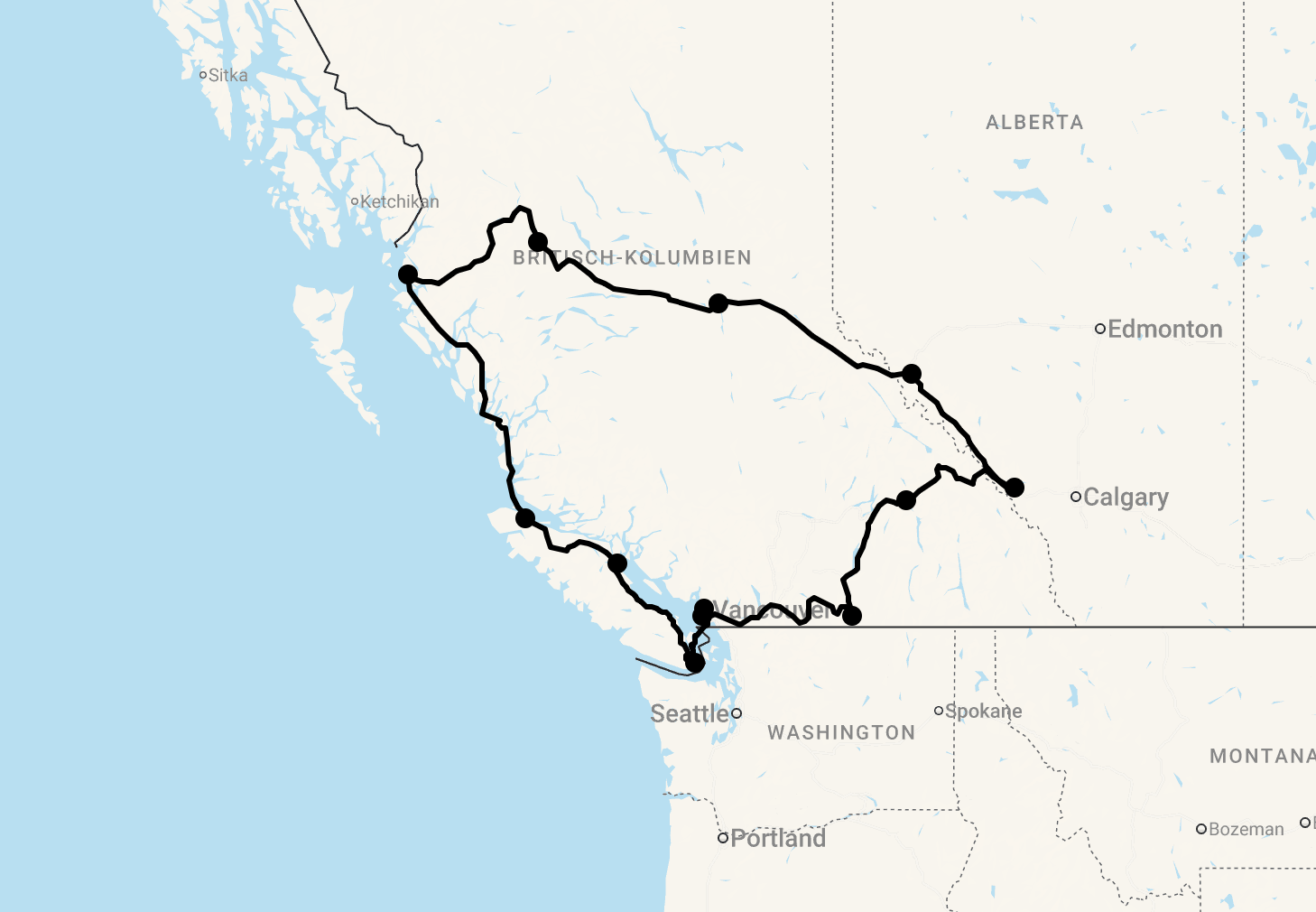 Karte 15 Tage Kleingruppenreise Westkanada - Den Westen entdecken