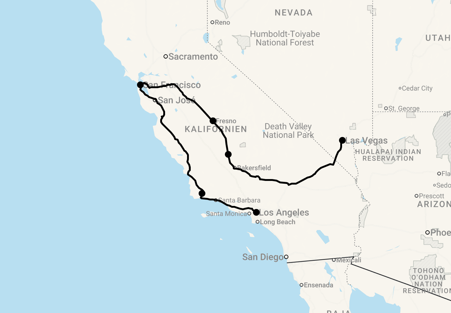 Karte 9 Tage Gruppenreise Highlights of California