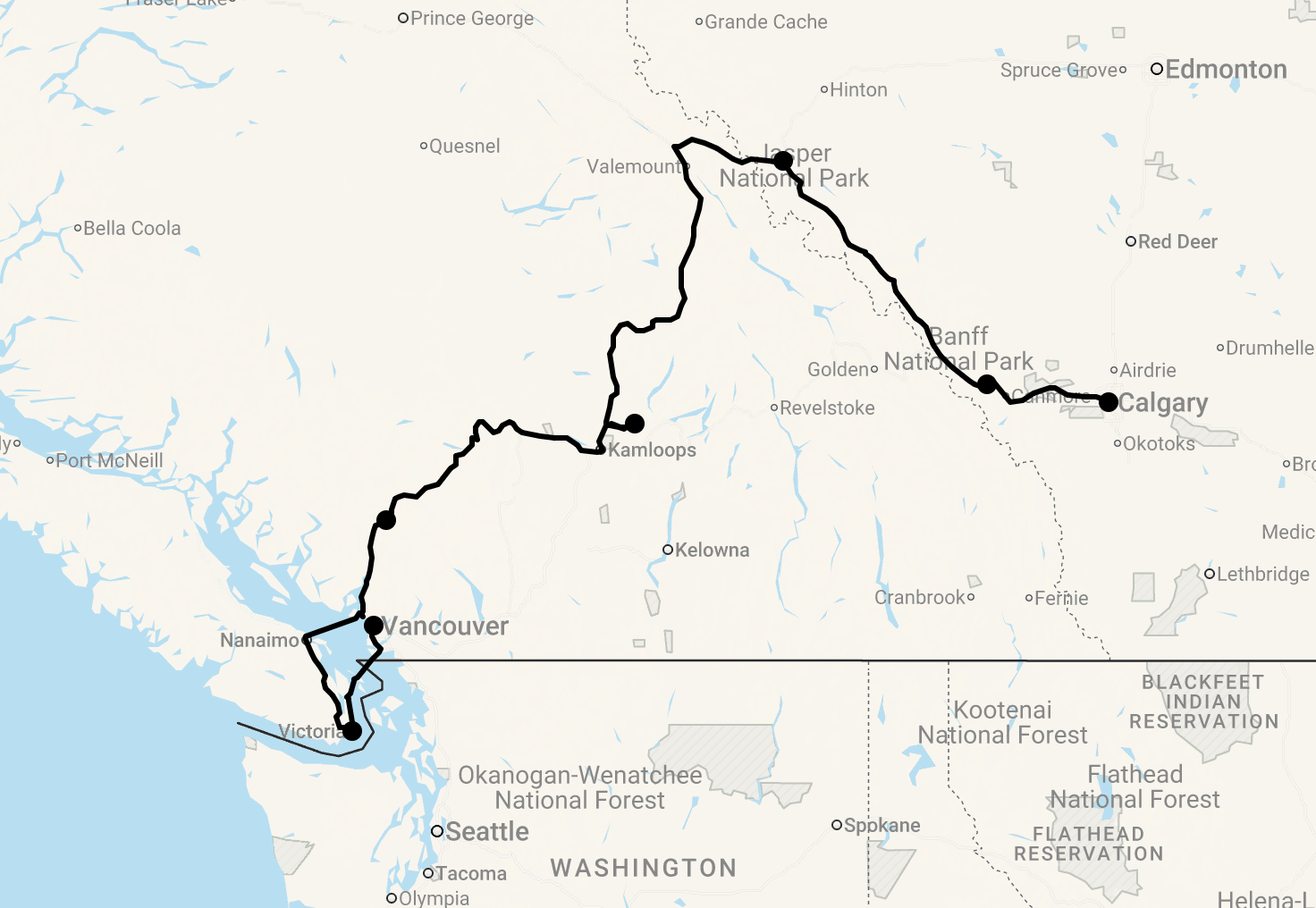 Karte 10 Tage Gruppenreise Rockies Trail