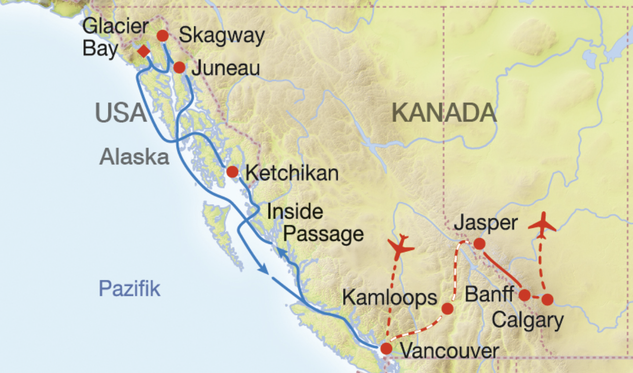 Karte 19 Tage Westkanada mit dem Rocky Mountaineer und Alaska-Kreuzfahrt