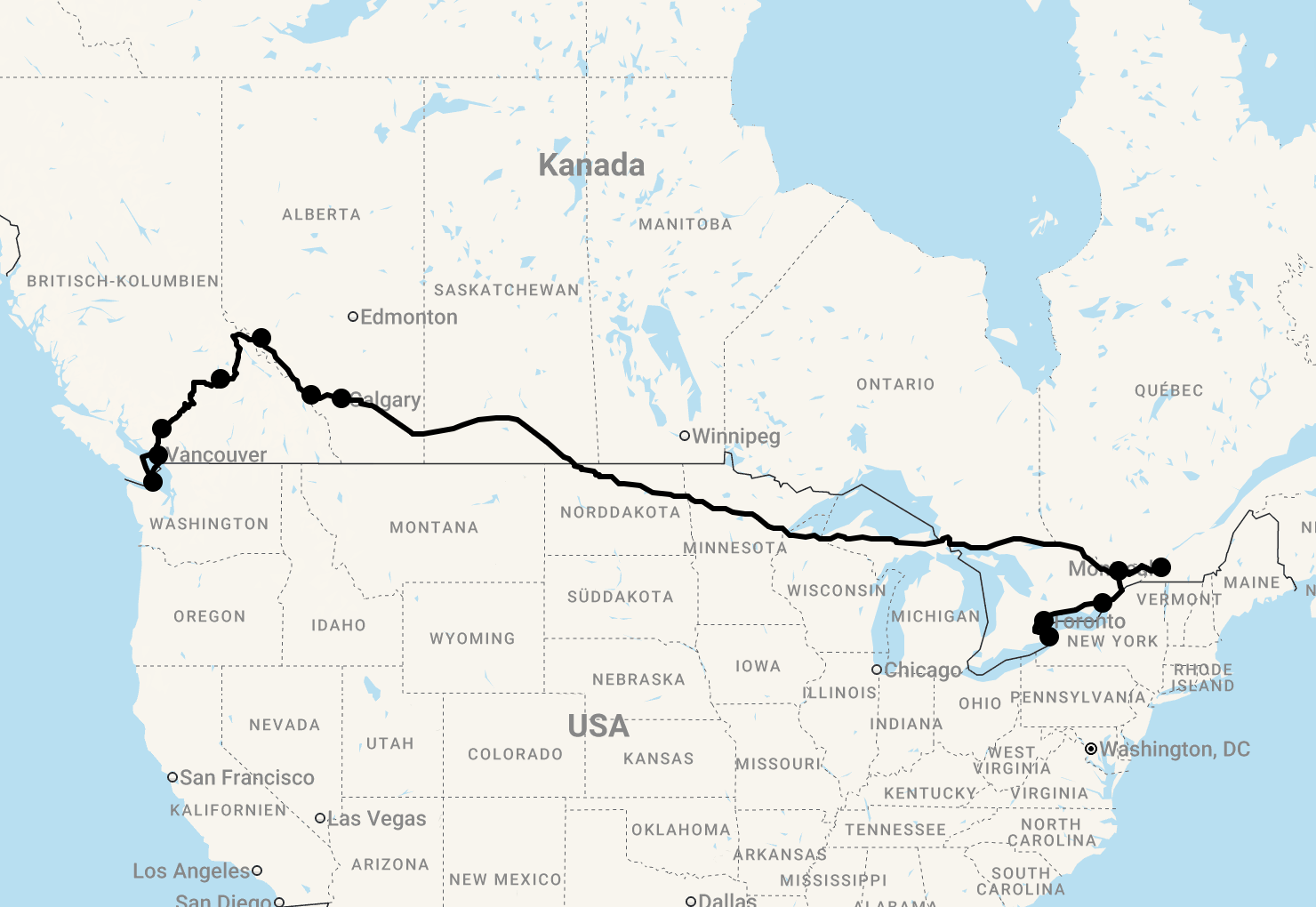 Karte 20 Tage Ost- und Westkanada Highlights