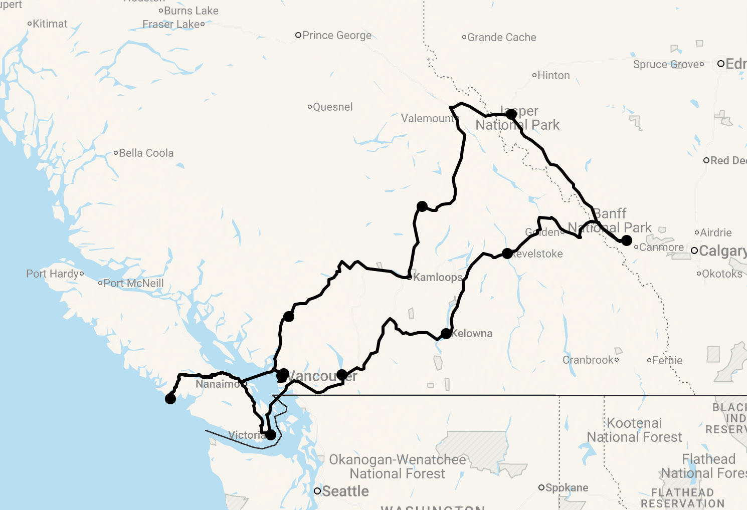 Karte 17 Tage Best of Rockies und Vancouver Island mit Flug