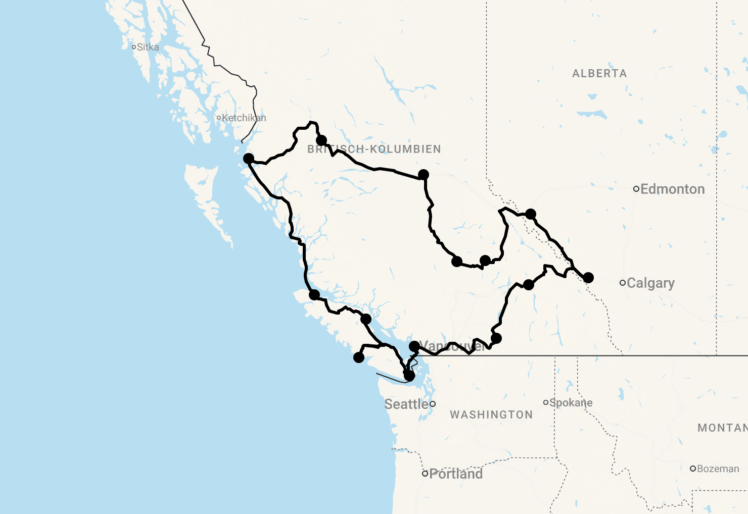 Karte 23 Tage Westkanada Highlights mit Inside Passage