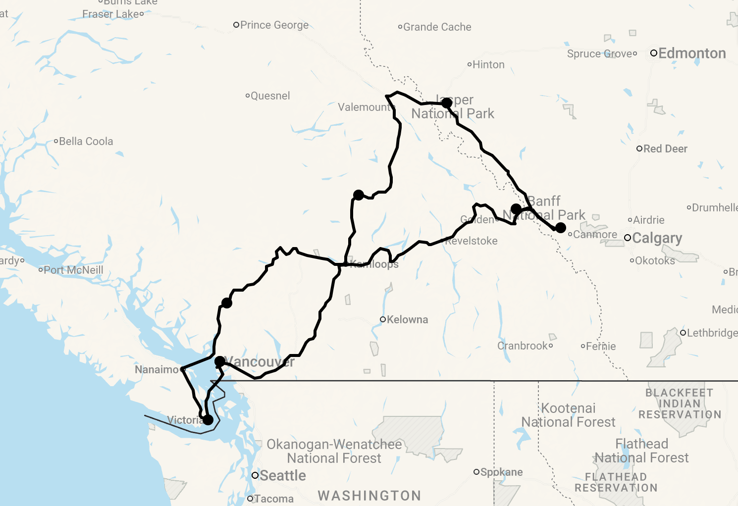 Karte 22 Tage Westkanada mit Mietwagen, Rocky Mountaineer Zug und Alaska-Kreuzfahrt
