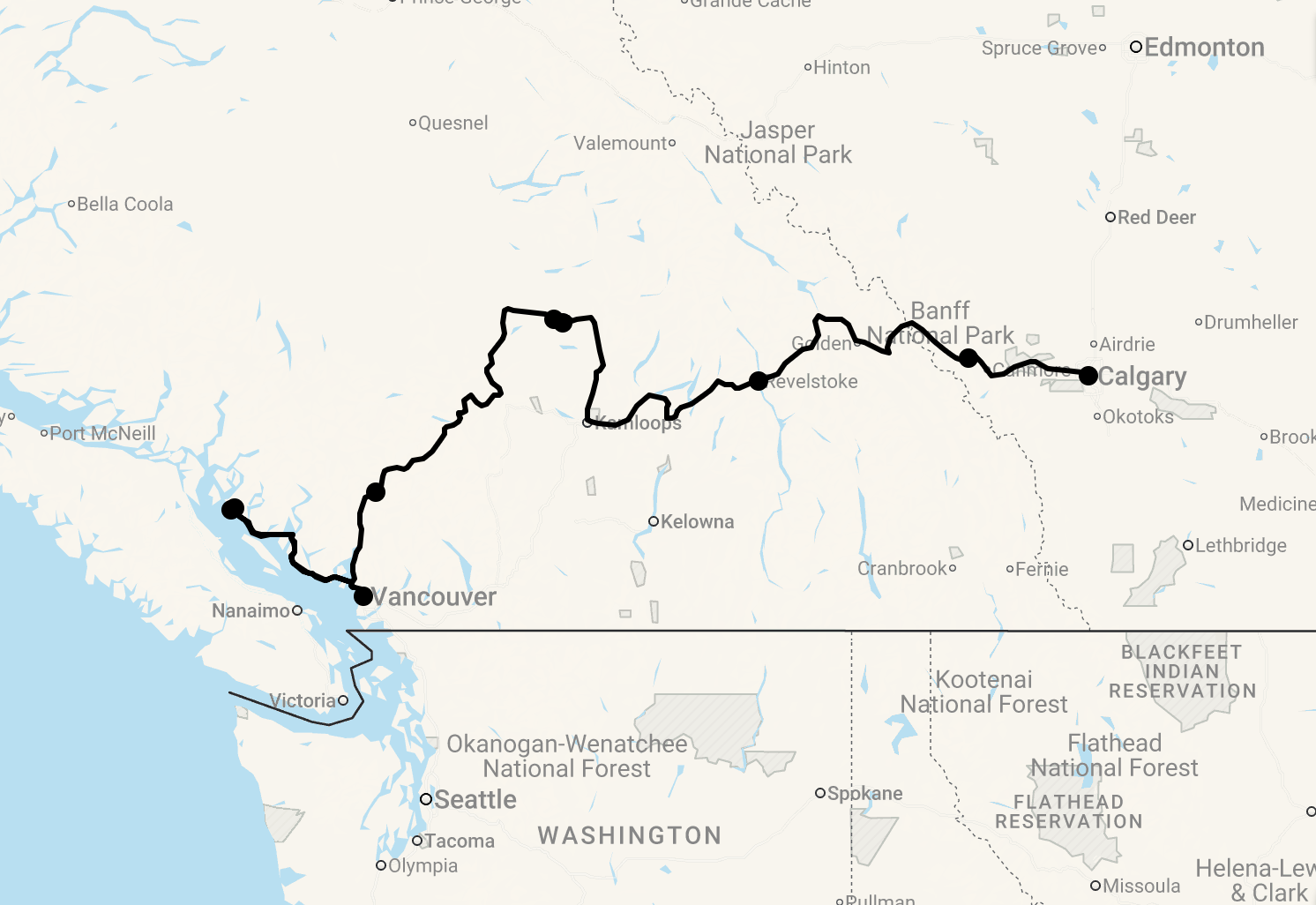 Karte 18 Tage Blockhütten Erlebnis in Westkanada - Von den Rockies zum Pazifik