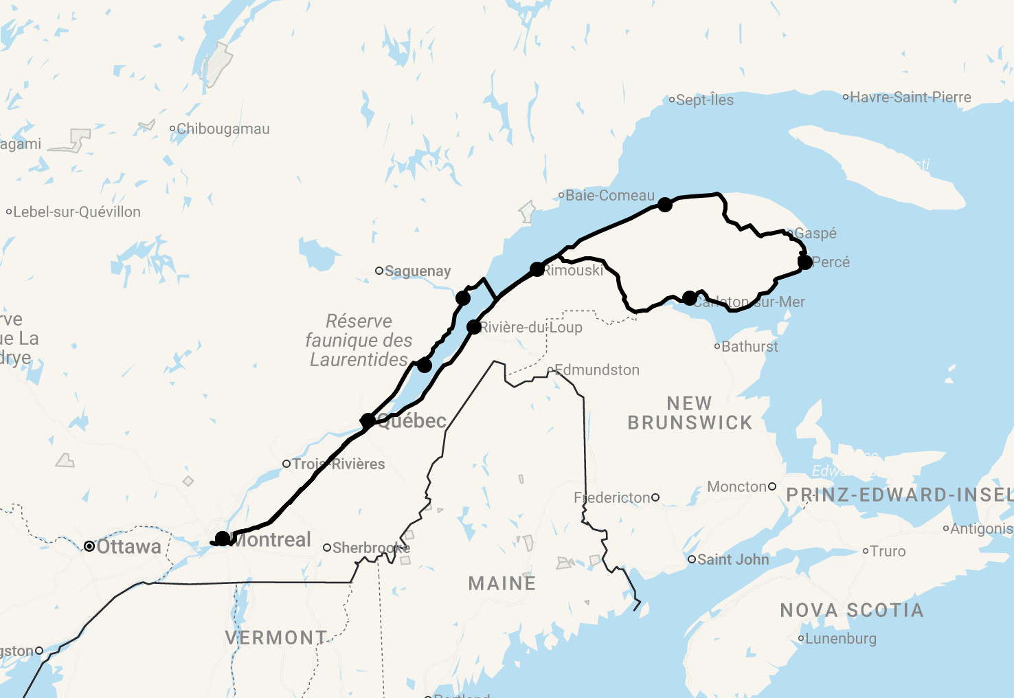 Karte 16 Tage Maritimes Québec mit Gaspésie