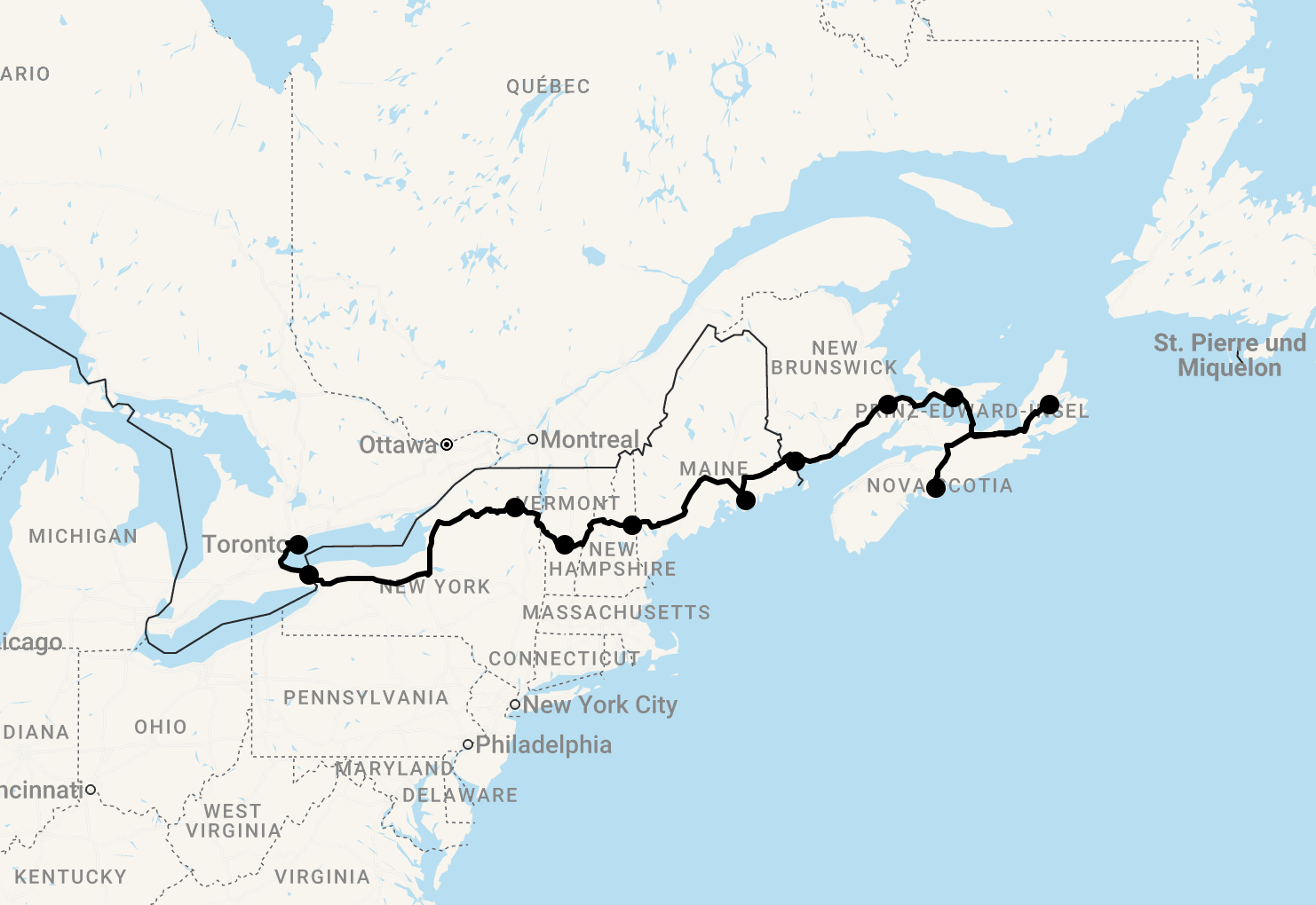 Karte 15 Tage Nova Scotia bis Ontario