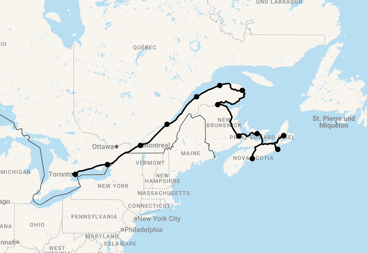 Karte 21 Tage Ontario bis Nova Scotia
