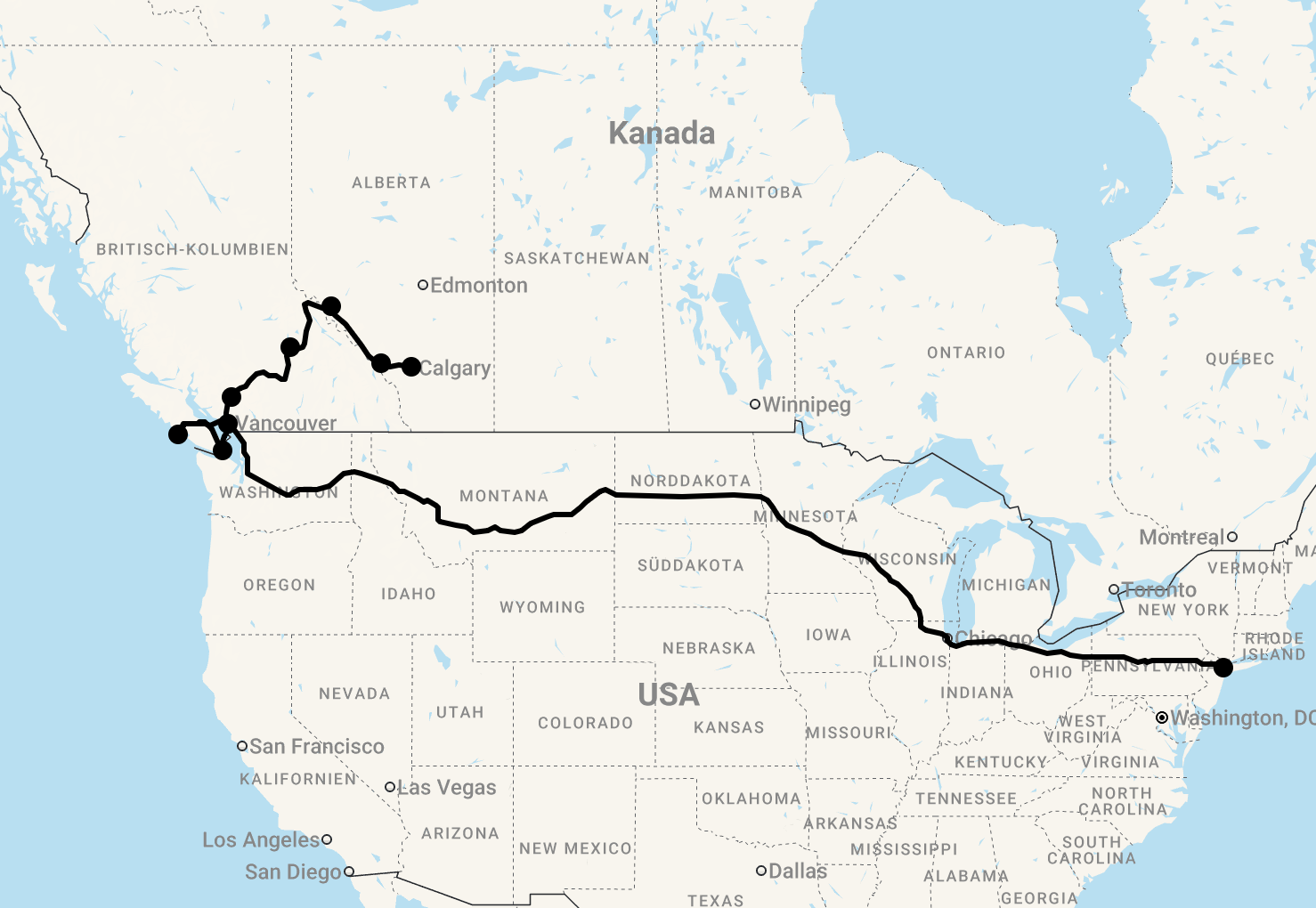 Karte 17 Tage New York und Westkanada