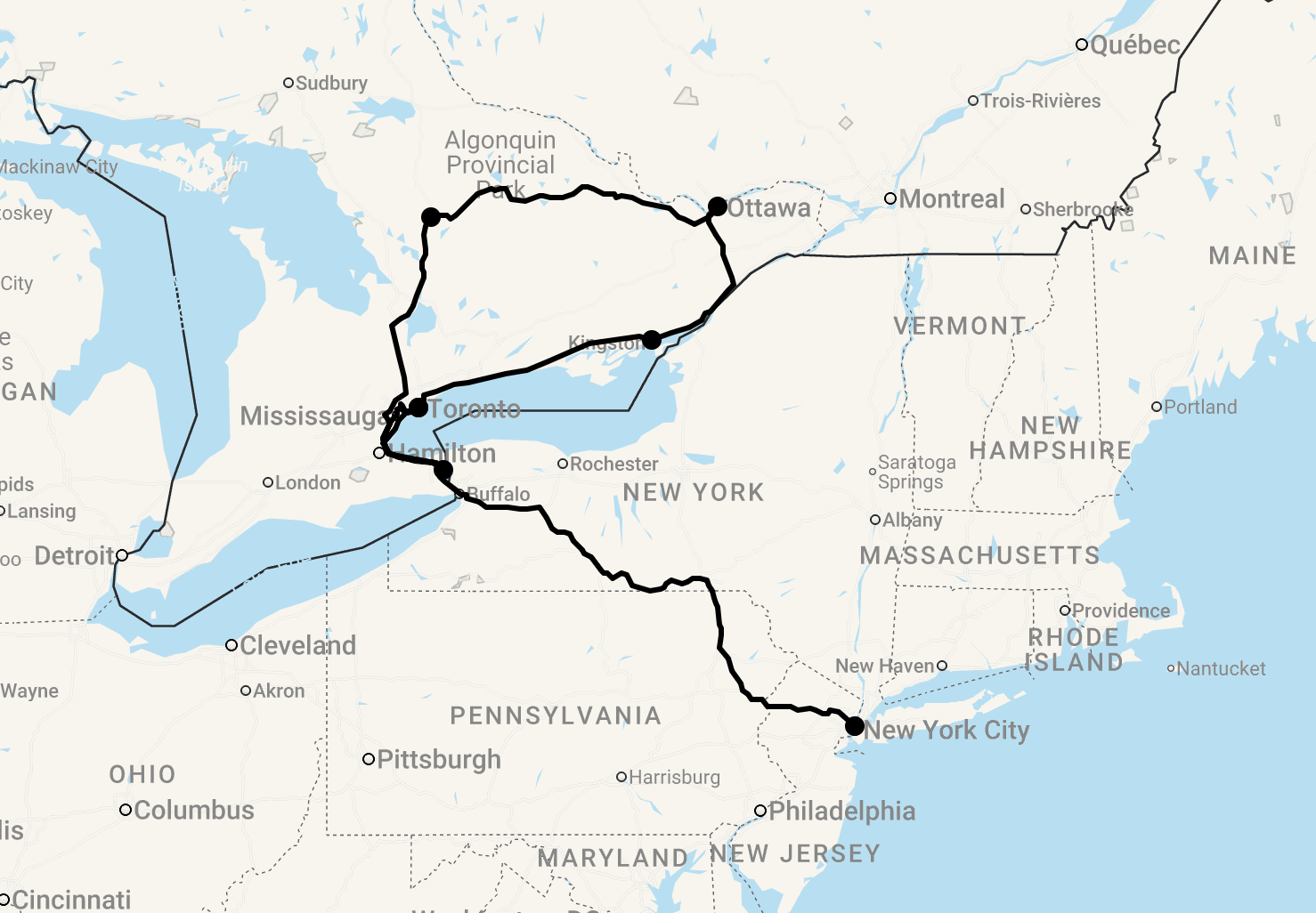 Karte 13 Tage New York und Ontario