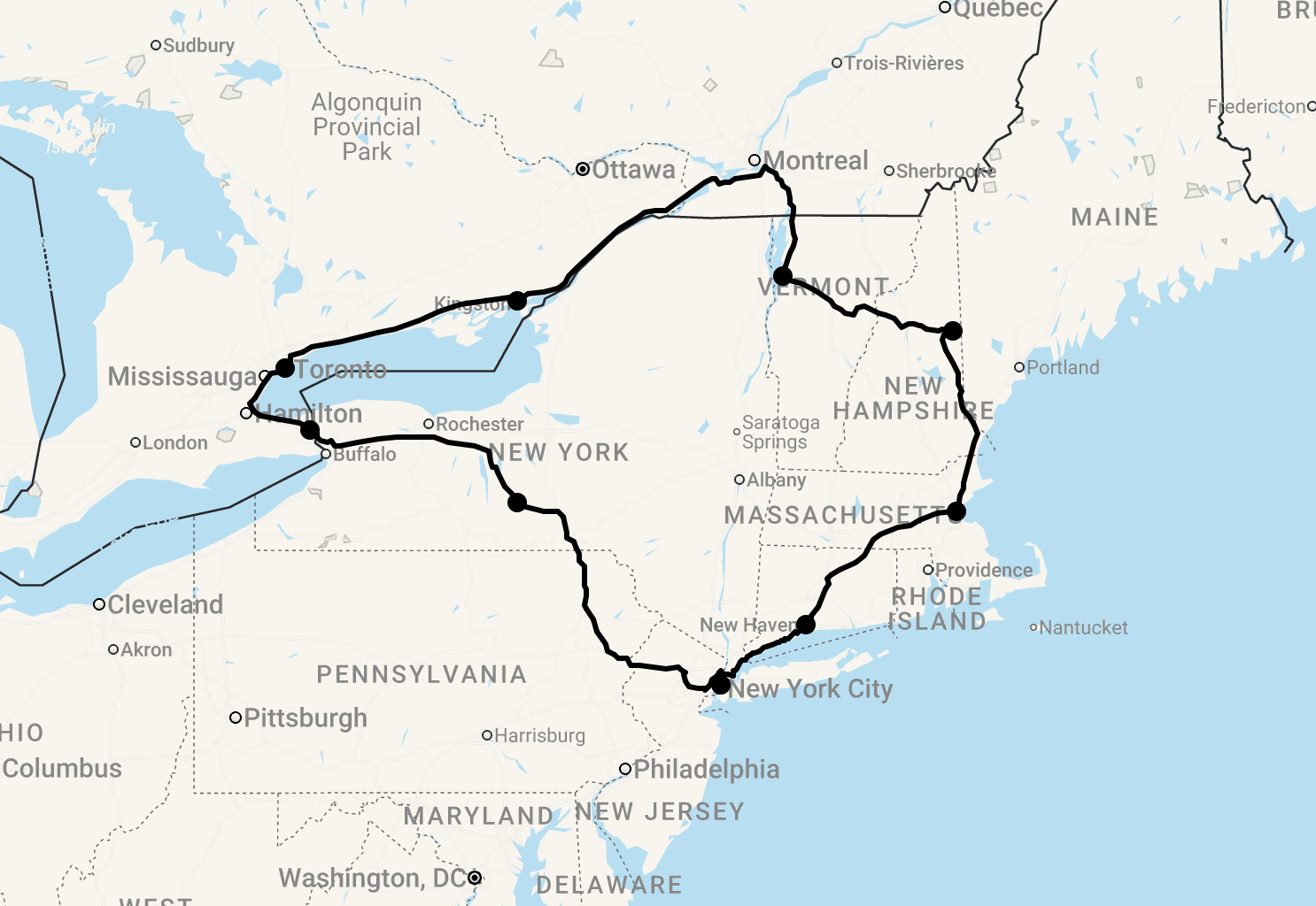 Karte 16 Tage USA & Kanada Osten Rundreise