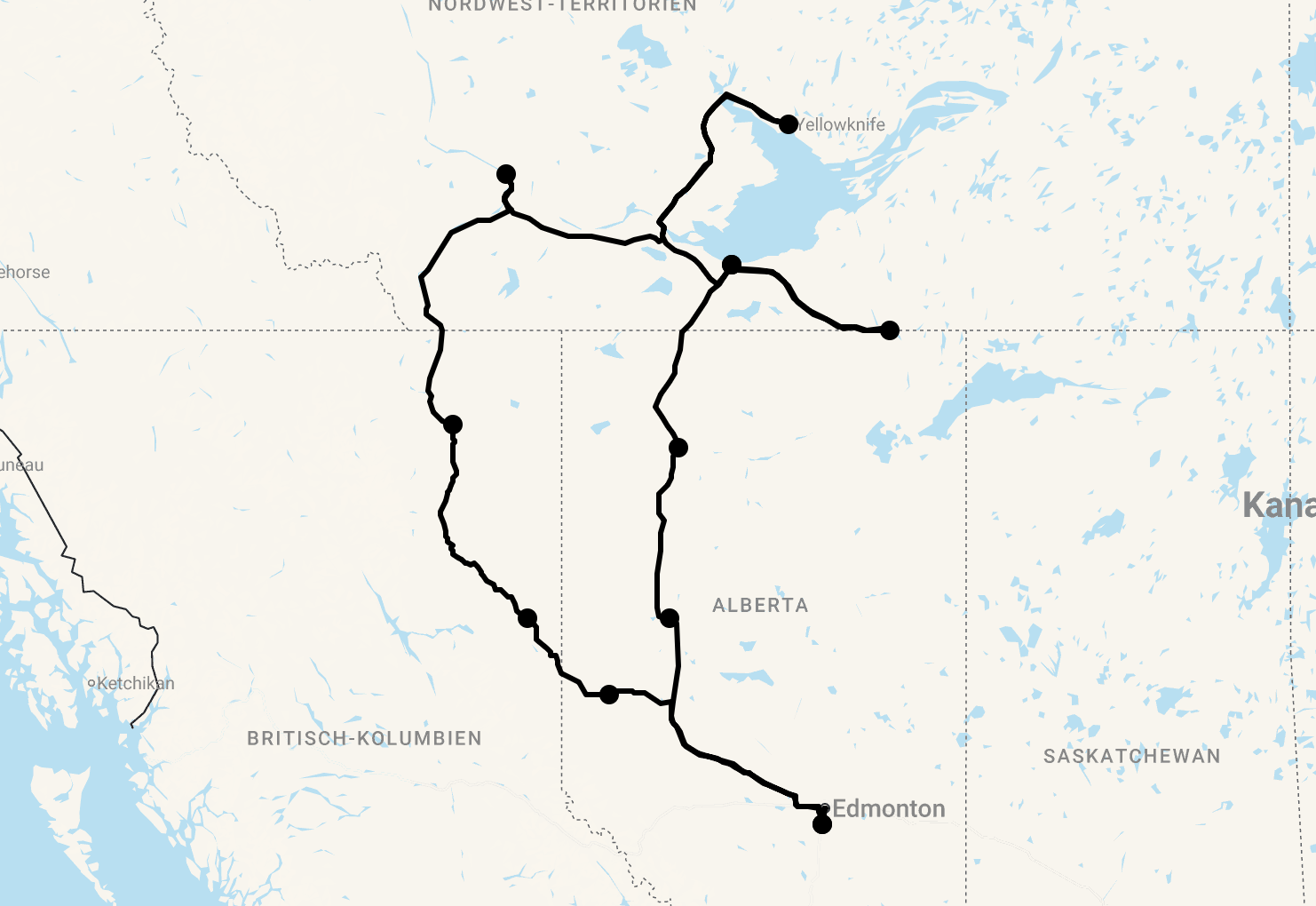 Karte 17 Tage Wildlife & Waterfalls in Alberta und den Northwest Territories