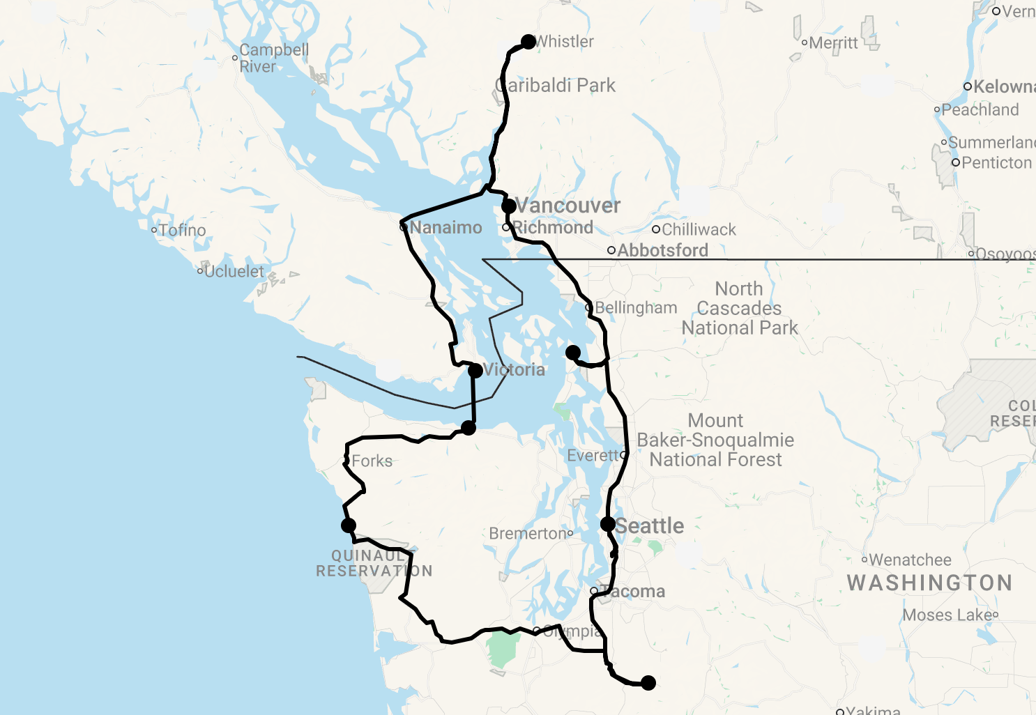 Karte 15 Tage Highlights im Nordwesten: Washington & British Columbia