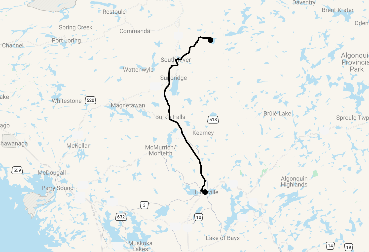 Karte 3 Tage Kanu im Algonquin - Journey of the Voyageur