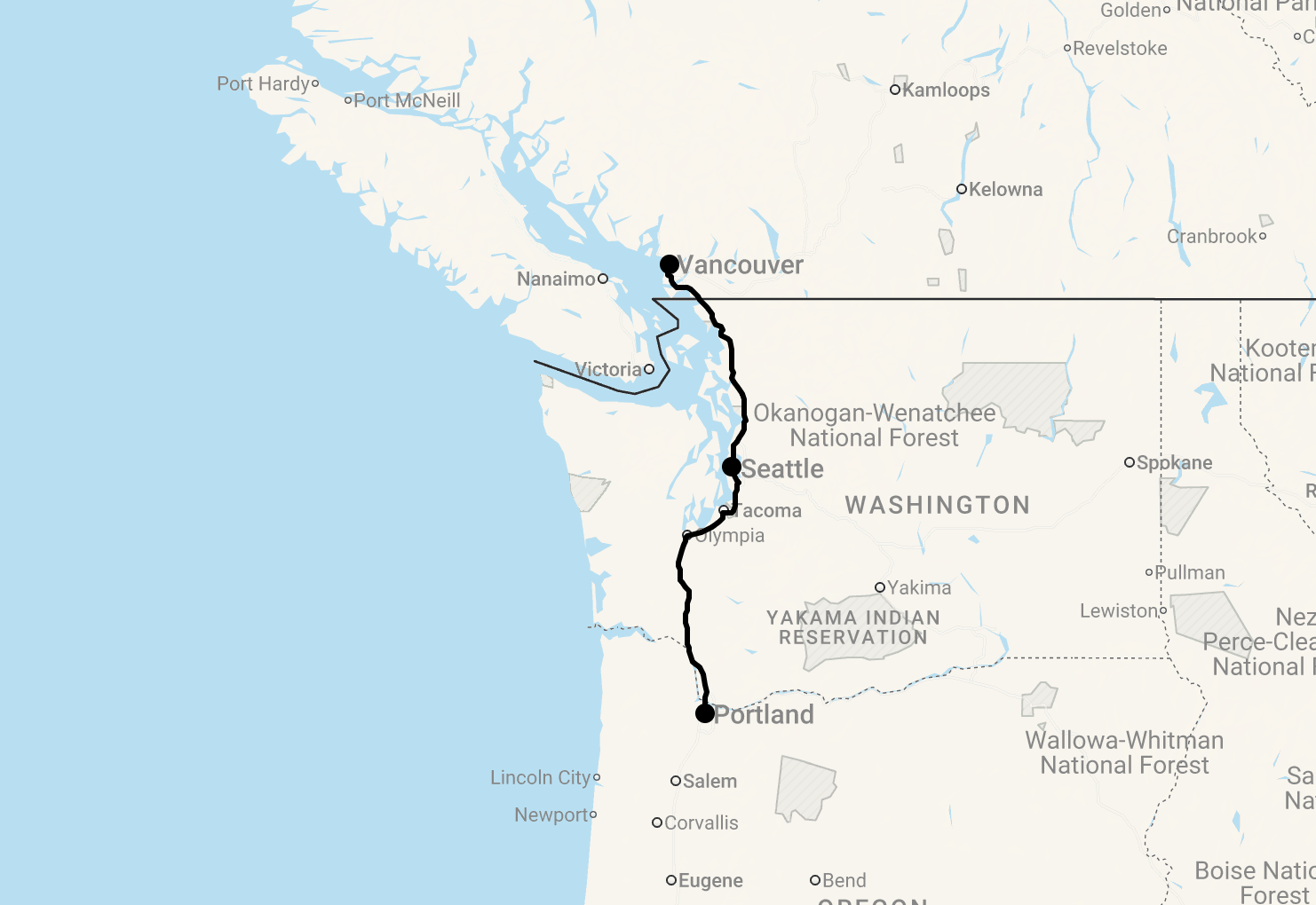 Karte 12 Tage Zugreise: Vancouver, Seattle und Portland entdecken mit Flug