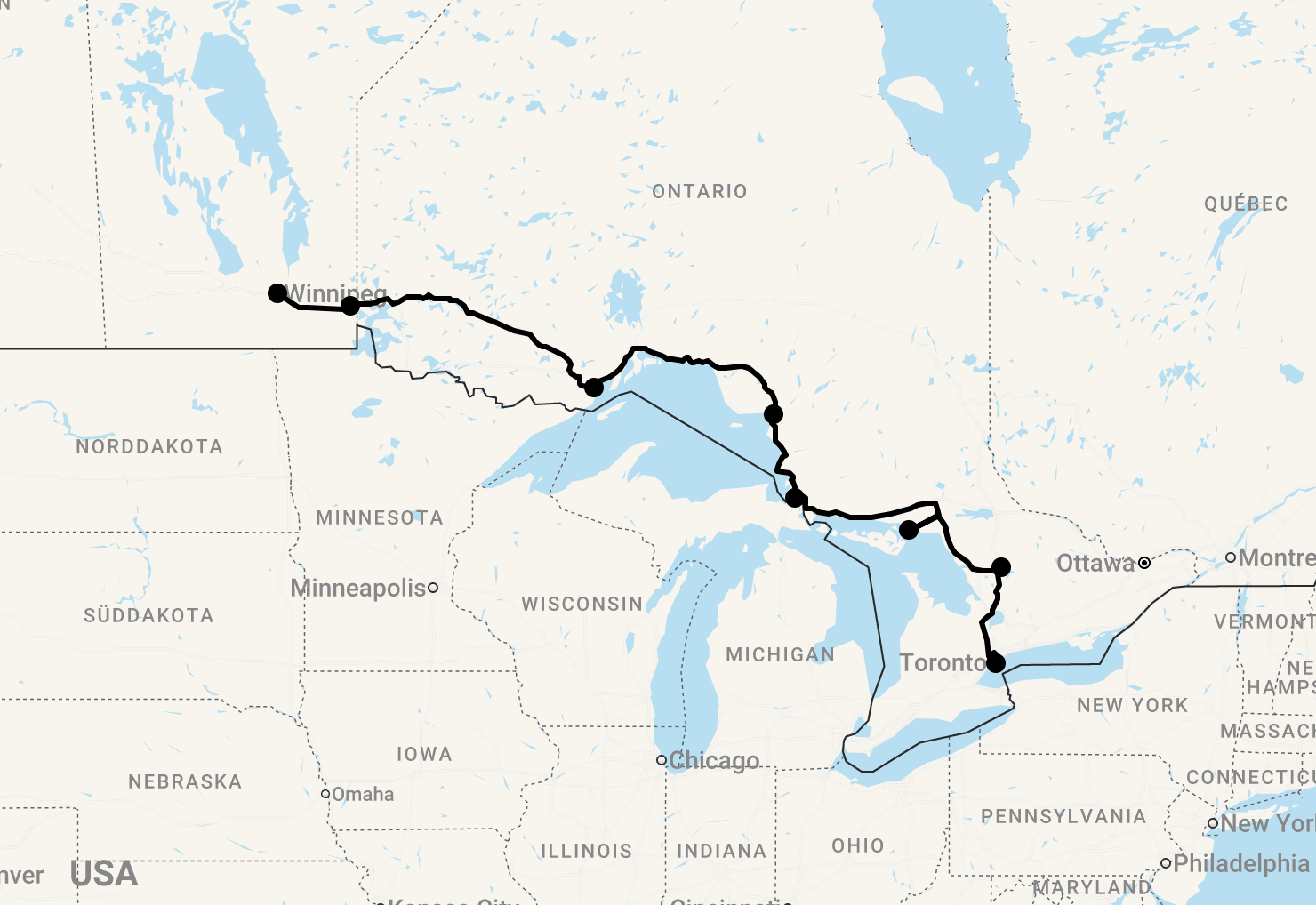 Karte 20 Tage Entlang der großen Seen von Toronto nach Winnipeg mit Fly-in Lodge