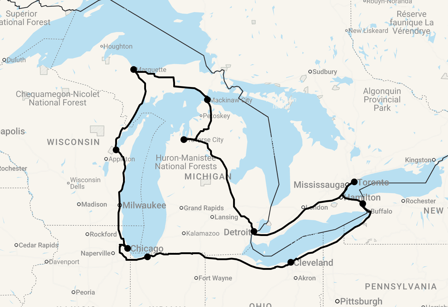 Karte 16 Tage Die große Great Lakes Reise