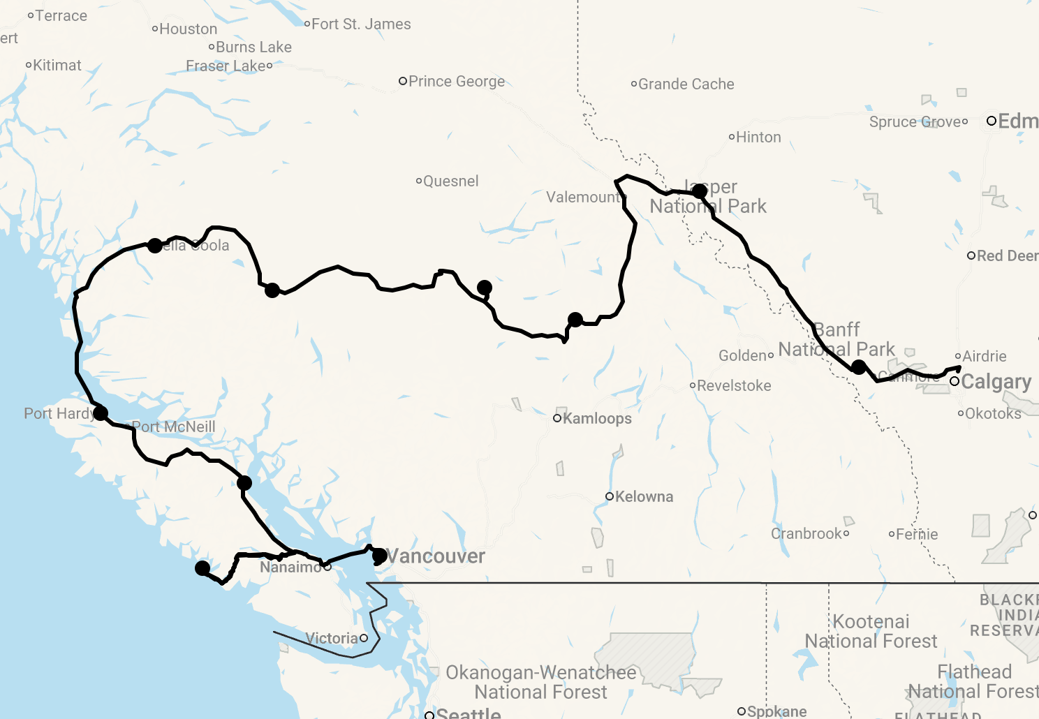 Karte 19 Tage Abenteuer Westkanada mit Discovery Coast Passage und Ranchaufenthalt