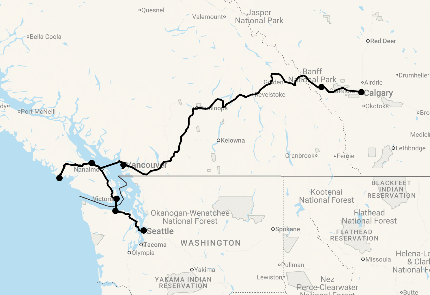 Karte 16 Tage Rocky Mountains & Vancouver Island mit Rocky Mountaineer