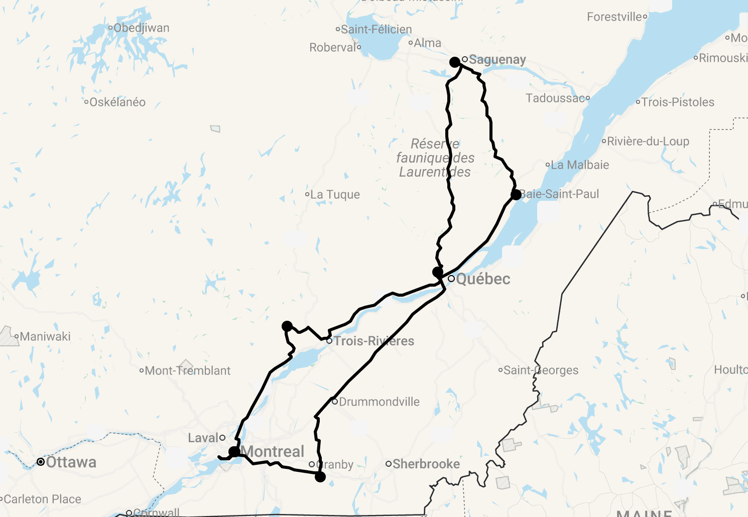 Karte 14 Tage Natur und indigene Kultur in Québec erleben