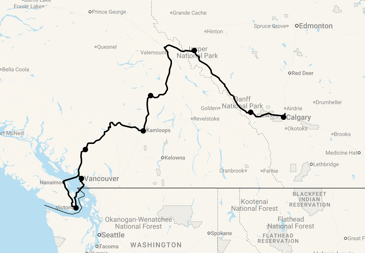 Karte 16 Tage Von den Rocky Mountains zum Pazifik