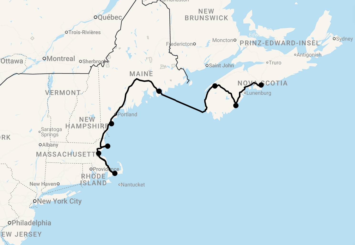 Karte 15 Tage Küstenzauber am Atlantik: Neuengland & Nova Scotia von Boston nach Halifax