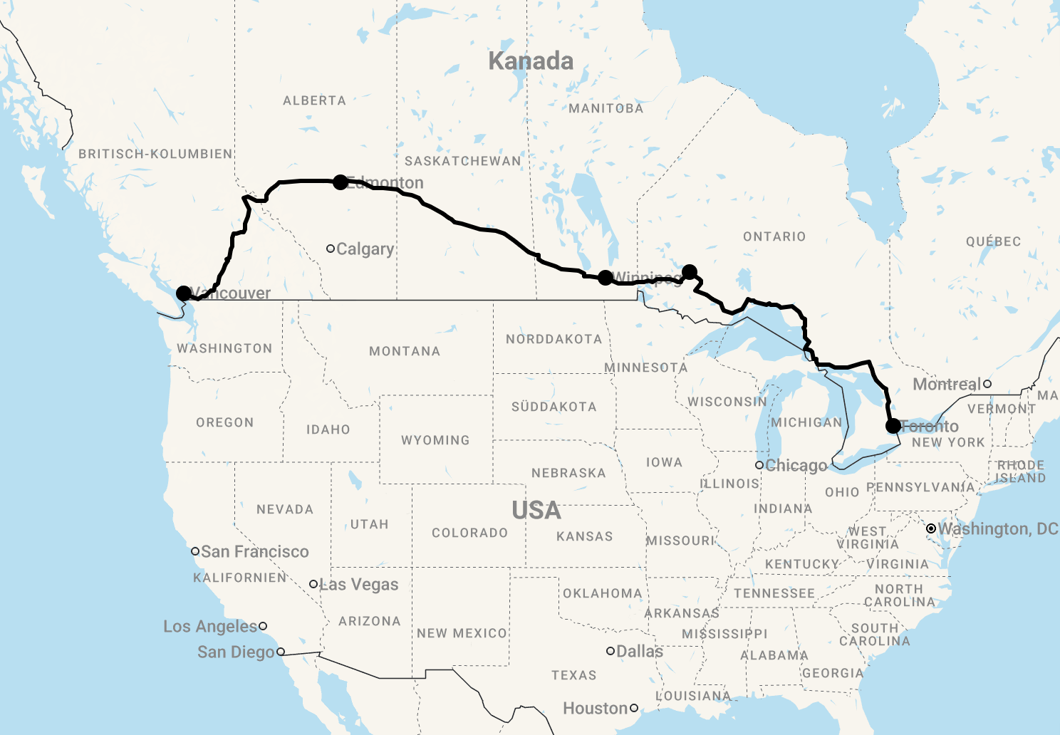 Karte The Canadian: Mit dem Zug von Toronto nach Vancouver
