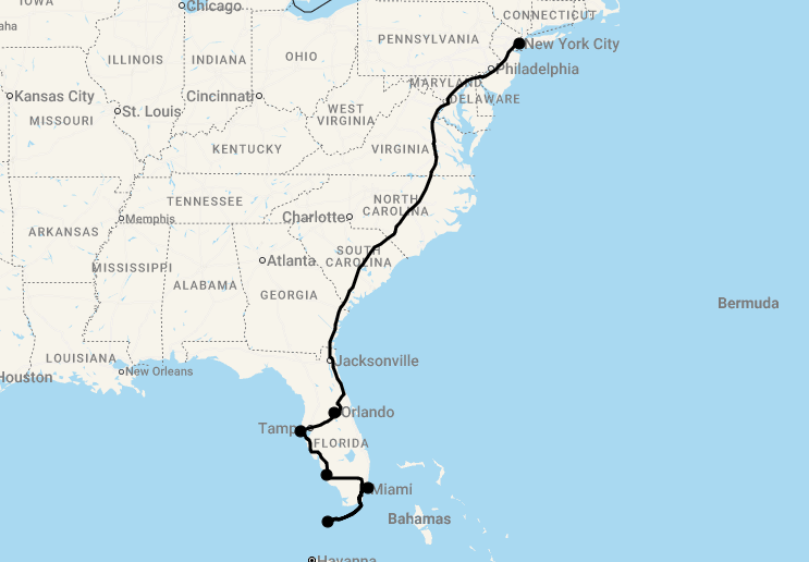 Karte 13 Tage New York & Golfküste Florida mit den Keys