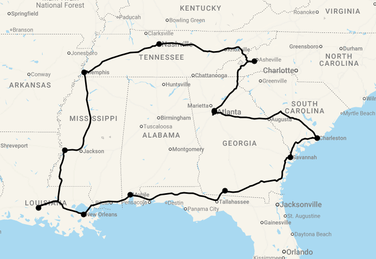 Karte 20 Tage Southern Spirit - Große Südstaaten-Rundreise USA