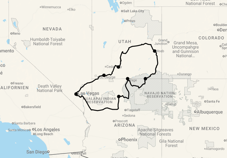 Karte 18 Tage Die Nationalparks des Westens ab Las Vegas